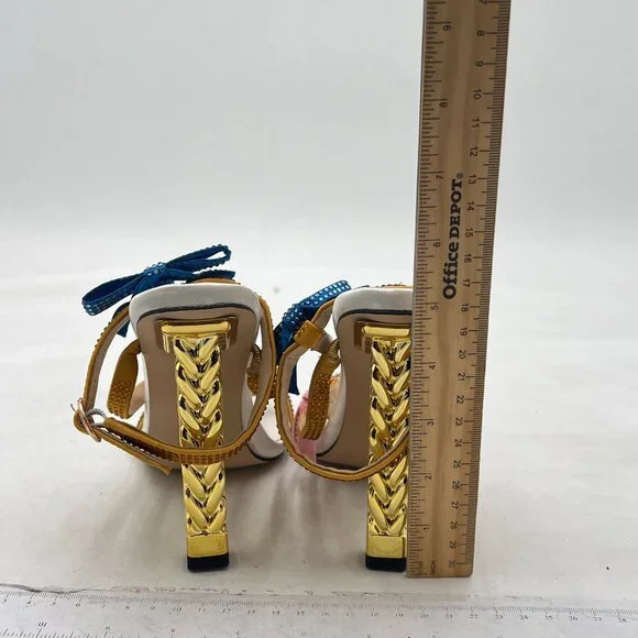 FSJ Crystal Bows Gold Metal Chain Thick High Heel Open Toe Crystal Bows Sandals - Picture 5 of 8